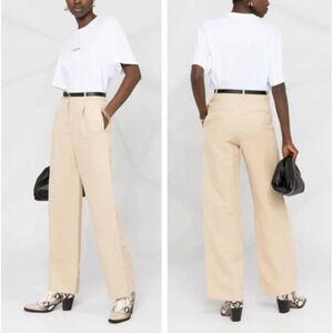 Nili Lotan 2 Dayton LINEN Silk High Rise Wide Leg Trouser Dress Pant Pleated Tan